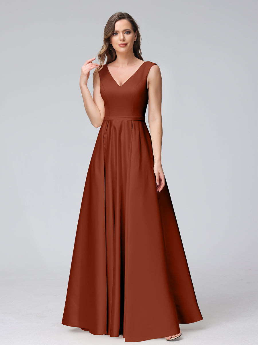 Vestidos de Dama de Honra de Cetim com Decote Em V Sem Mangas Até O Chão com Bolsos