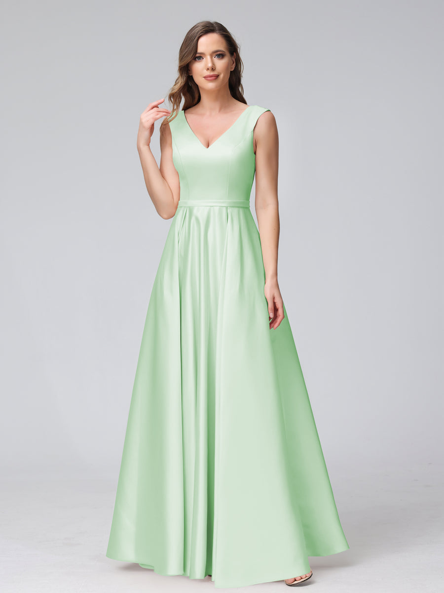 Vestidos de Dama de Honra de Cetim com Decote Em V Sem Mangas Até O Chão com Bolsos