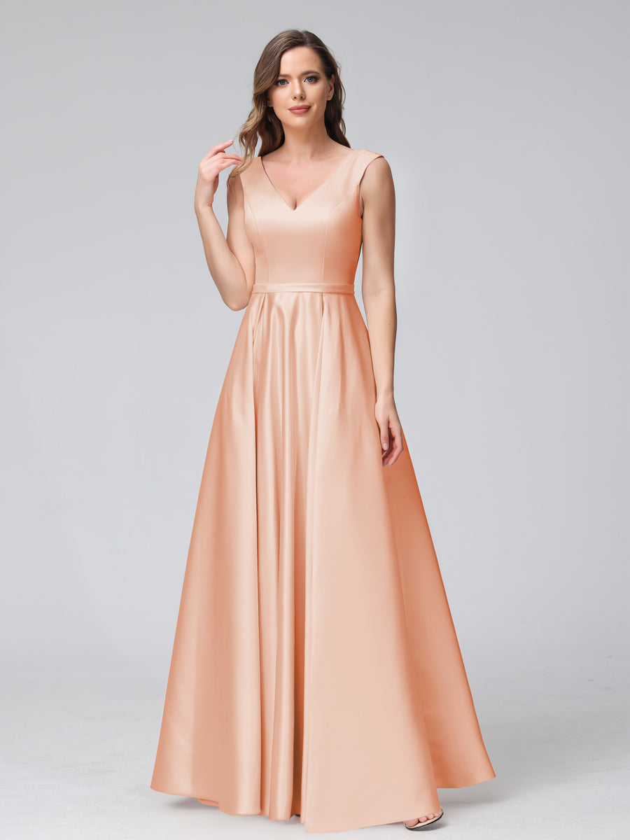Vestidos de Dama de Honra de Cetim com Decote Em V Sem Mangas Até O Chão com Bolsos