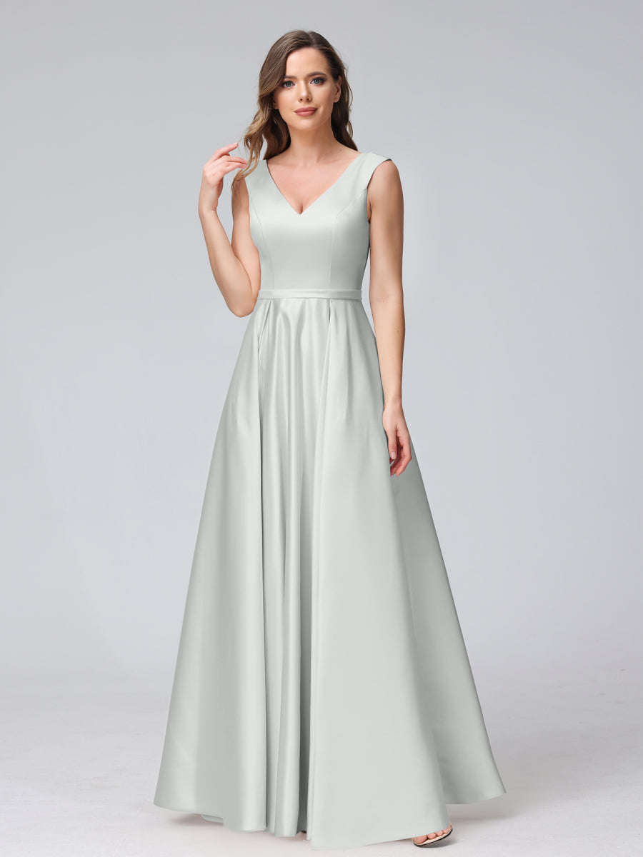 Vestidos de Dama de Honra de Cetim com Decote Em V Sem Mangas Até O Chão com Bolsos
