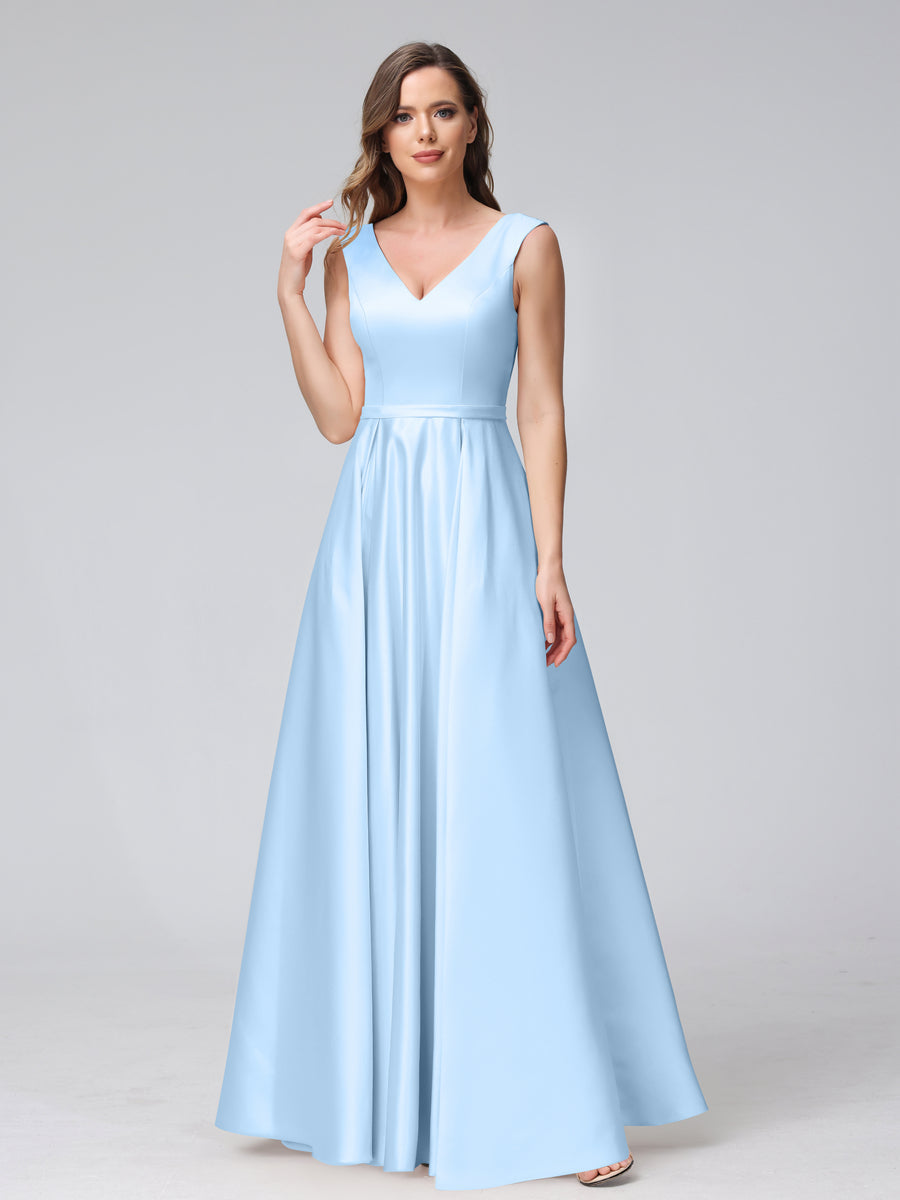 Vestidos de Dama de Honra de Cetim com Decote Em V Sem Mangas Até O Chão com Bolsos