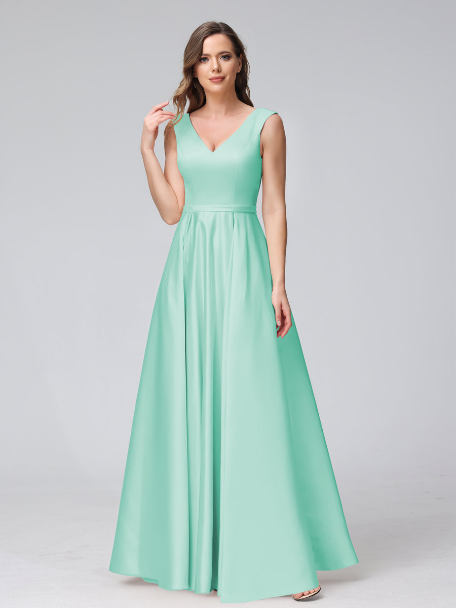 Vestidos de Dama de Honra de Cetim com Decote Em V Sem Mangas Até O Chão com Bolsos