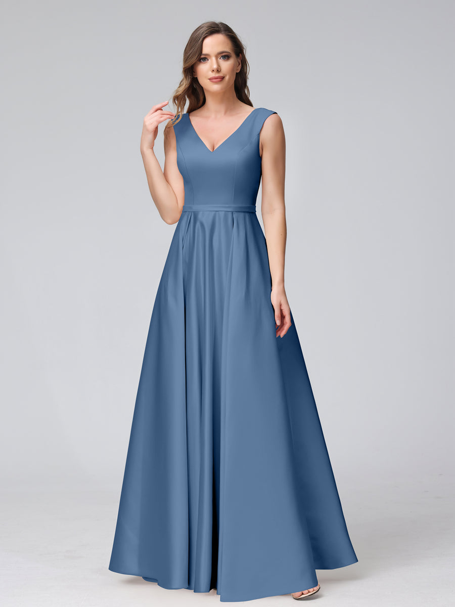 Vestidos de Dama de Honra de Cetim com Decote Em V Sem Mangas Até O Chão com Bolsos