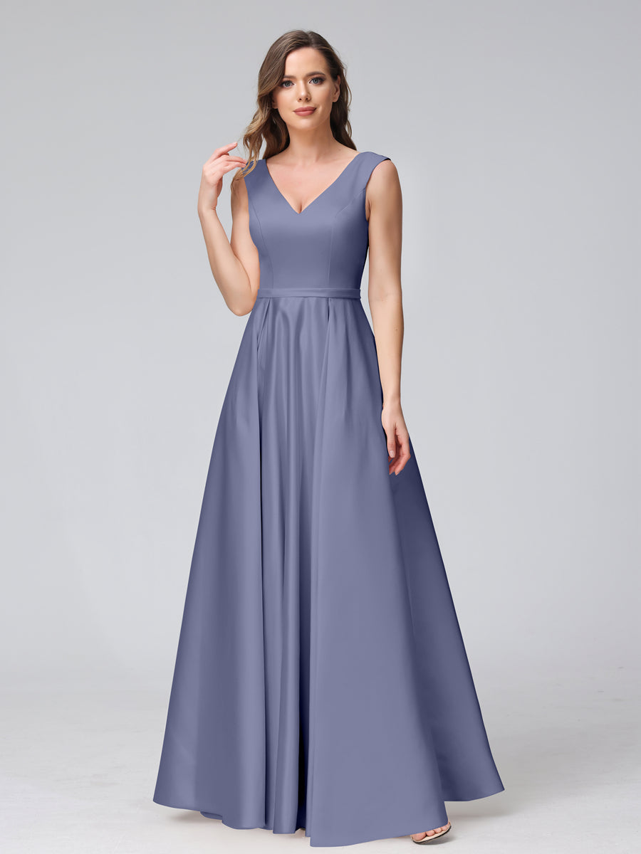 Vestidos de Dama de Honra de Cetim com Decote Em V Sem Mangas Até O Chão com Bolsos