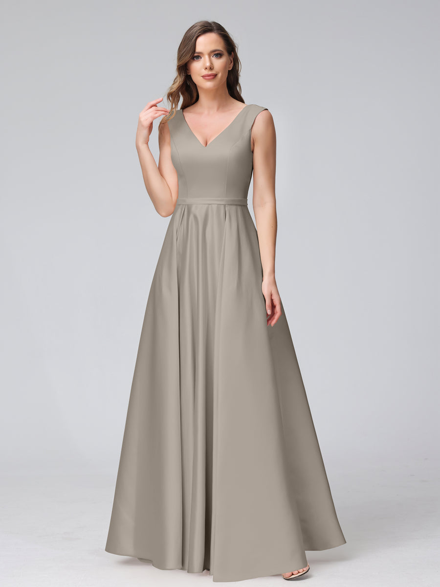Vestidos de Dama de Honra de Cetim com Decote Em V Sem Mangas Até O Chão com Bolsos