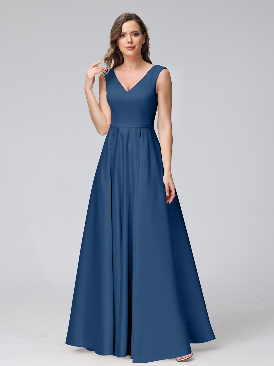 Vestidos de Dama de Honra de Cetim com Decote Em V Sem Mangas Até O Chão com Bolsos