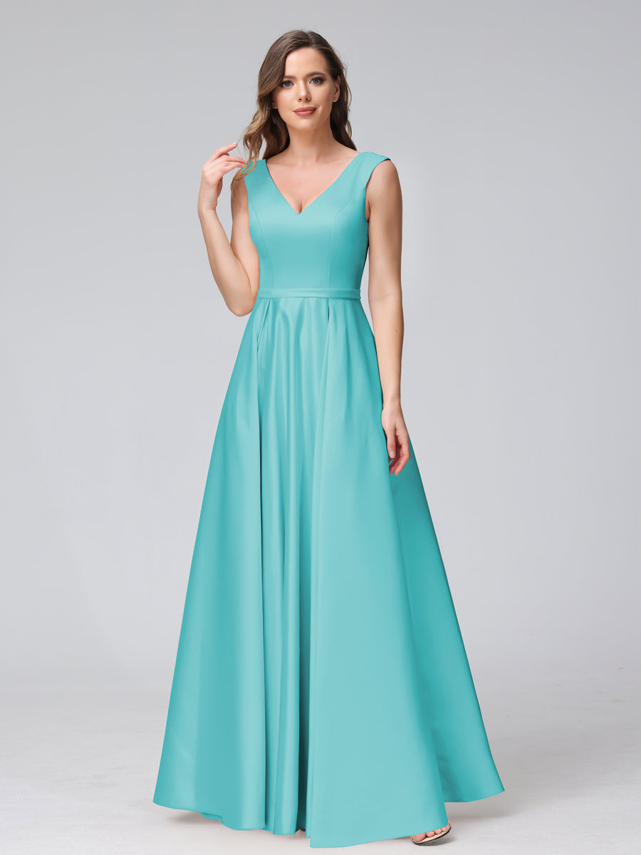 Vestidos de Dama de Honra de Cetim com Decote Em V Sem Mangas Até O Chão com Bolsos