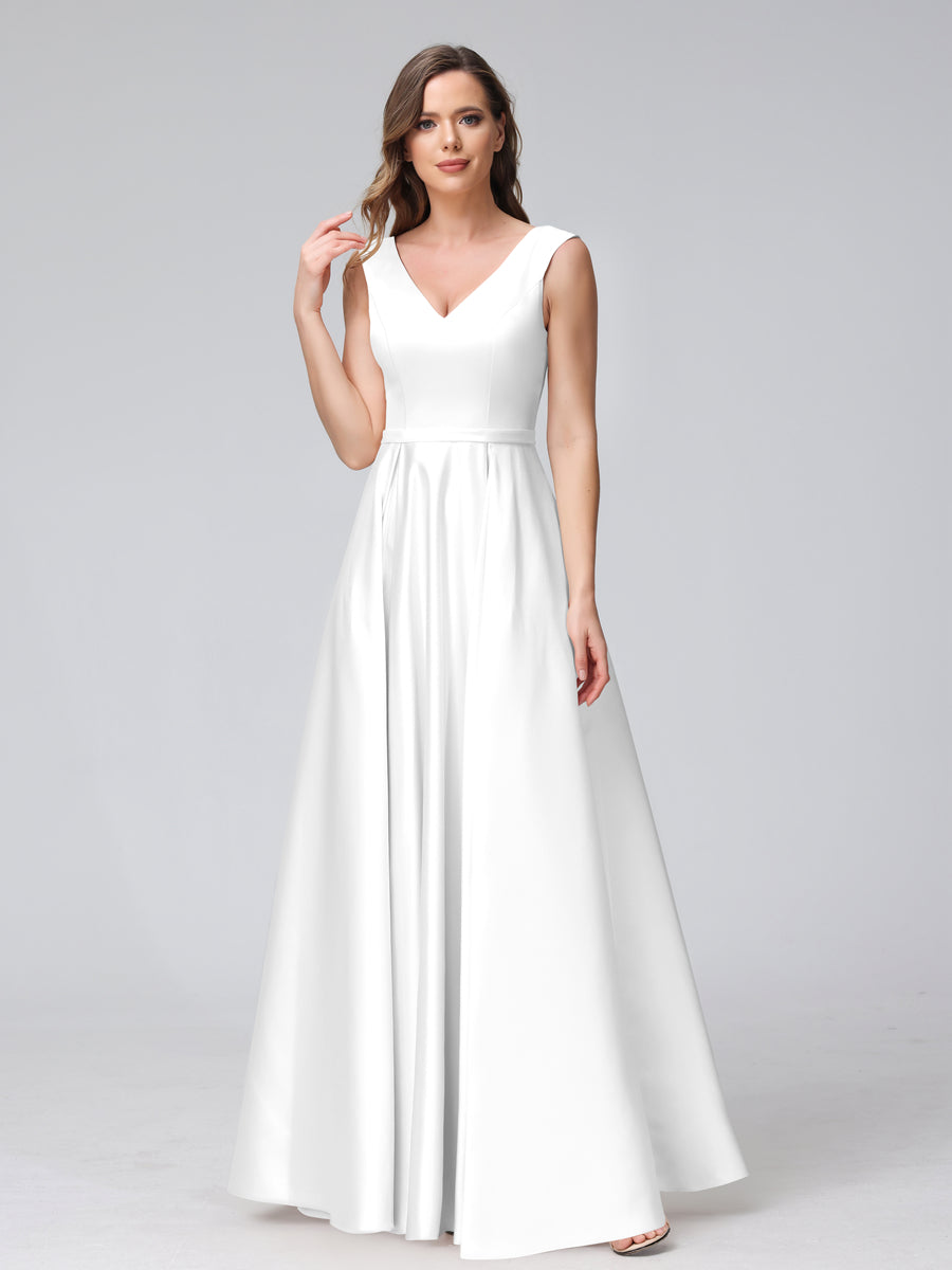 Vestidos de Dama de Honra de Cetim com Decote Em V Sem Mangas Até O Chão com Bolsos