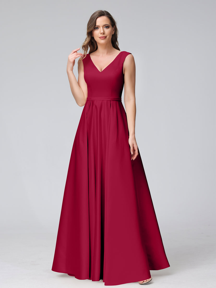 Vestidos de Dama de Honra de Cetim com Decote Em V Sem Mangas Até O Chão com Bolsos