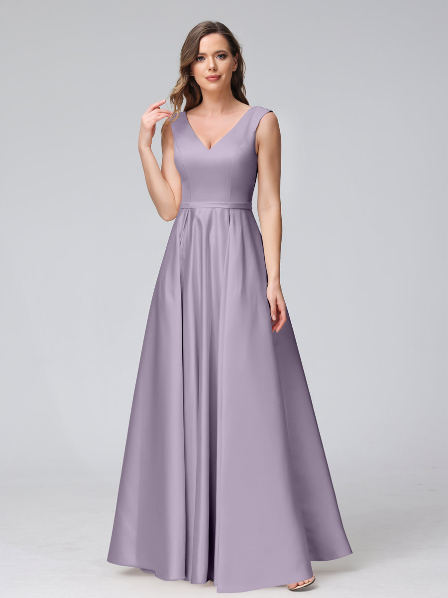 Vestidos de Dama de Honra de Cetim com Decote Em V Sem Mangas Até O Chão com Bolsos