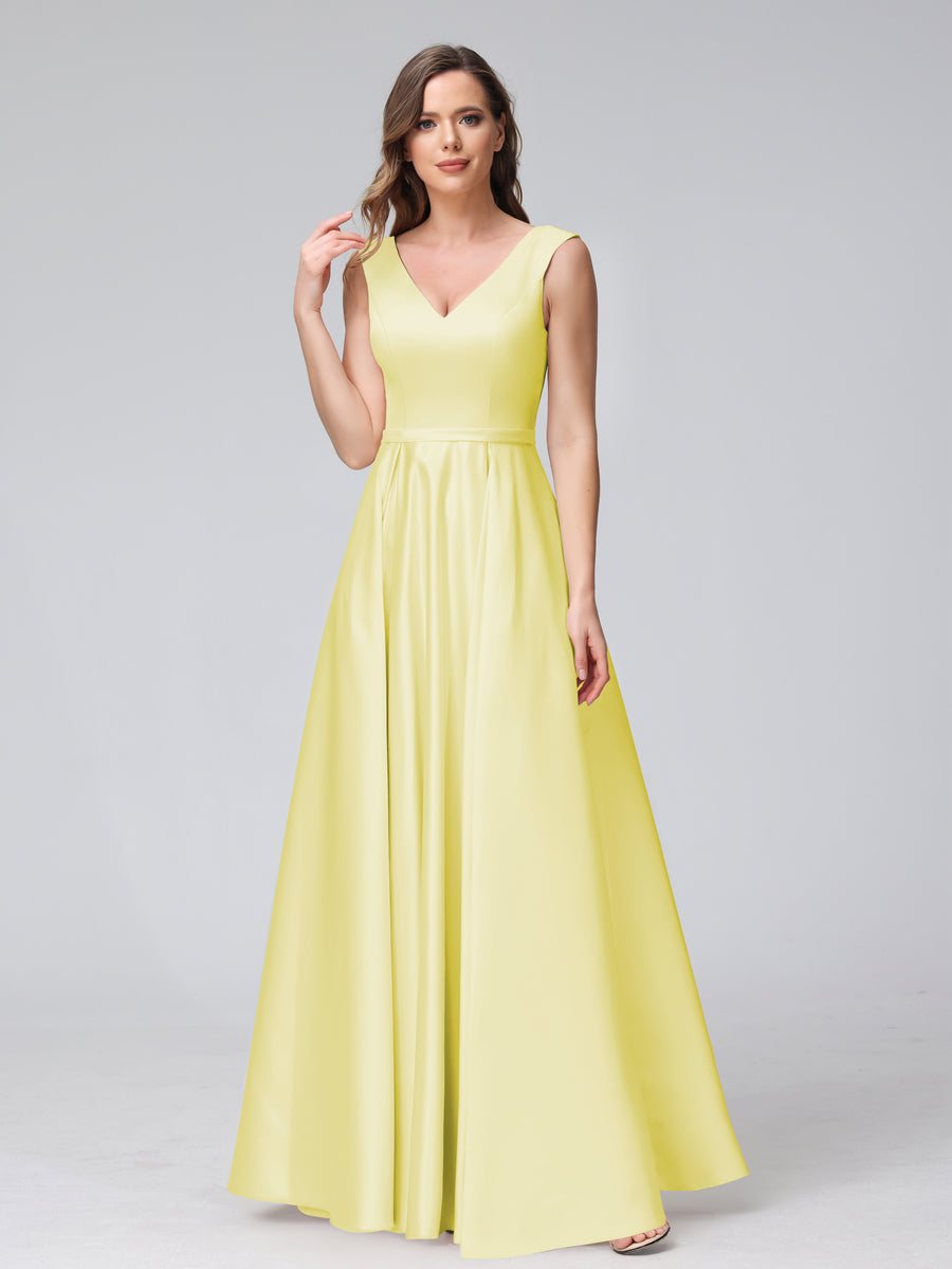 Vestidos de Dama de Honra de Cetim com Decote Em V Sem Mangas Até O Chão com Bolsos