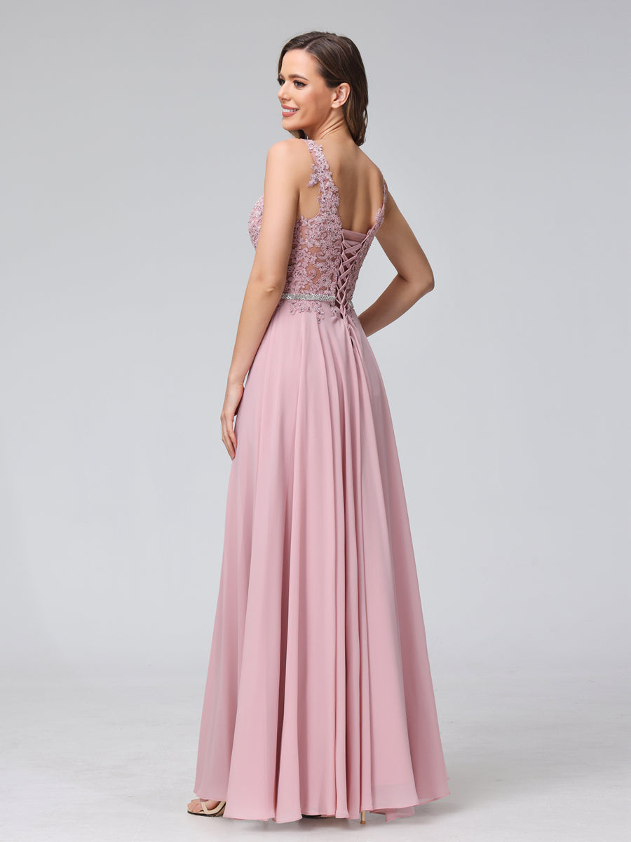 Vestidos Longos de Chiffon Sem Mangas com Decote Em V com Apliques de Renda e Strass