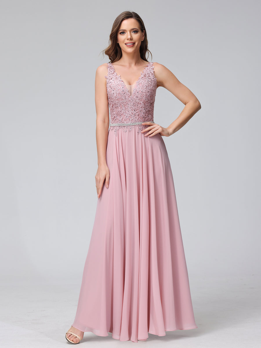 Vestidos Longos de Chiffon Sem Mangas com Decote Em V com Apliques de Renda e Strass