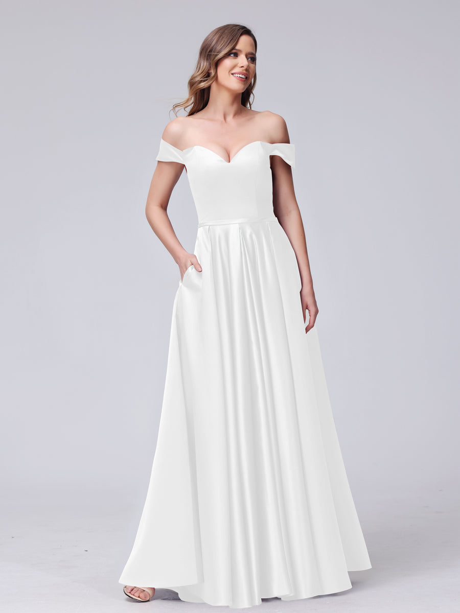 A-Line Off-The-Ombro Querida Cetim Maxi Vestidos com Bolsos