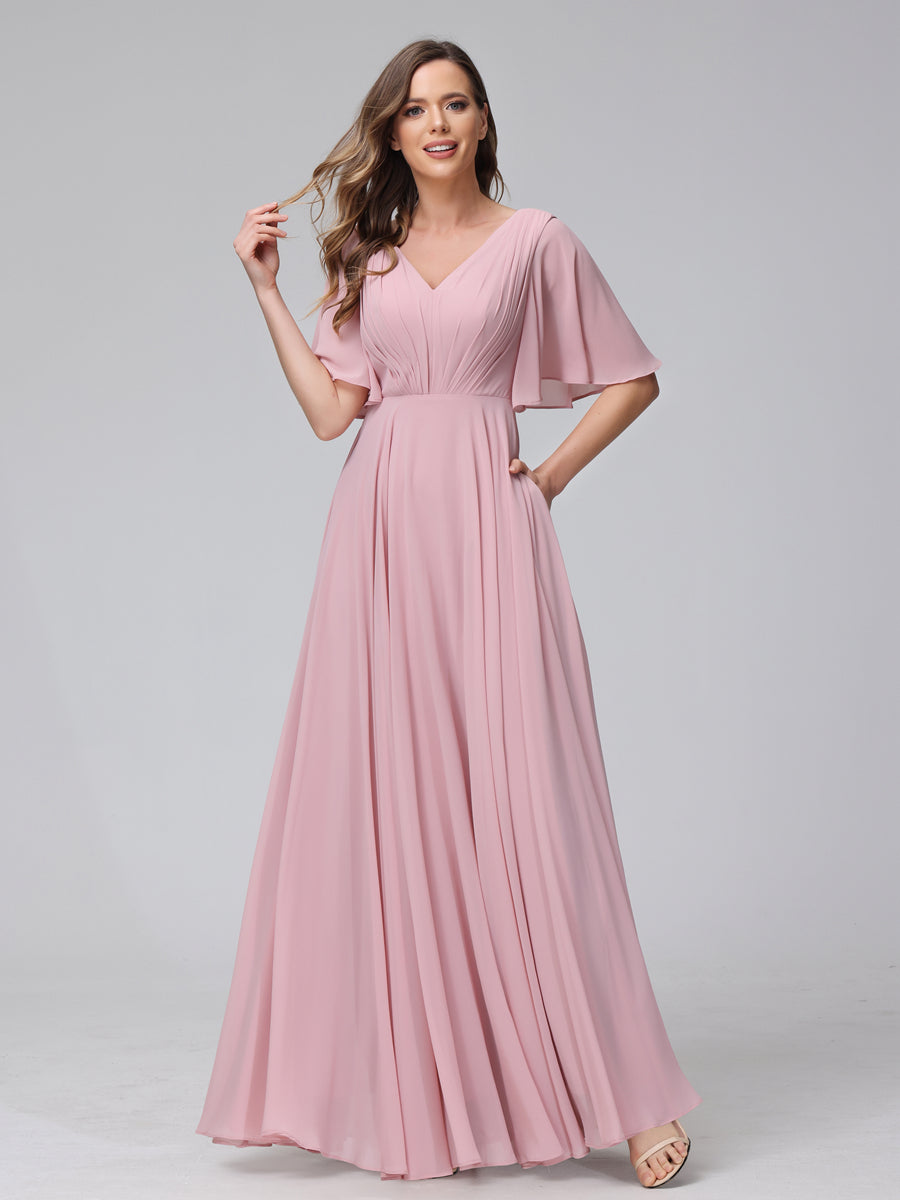 Vestidos de Dama de Honra Longos Em Chiffon com Decote Em V e Meia Manga e Bolsos com Babados