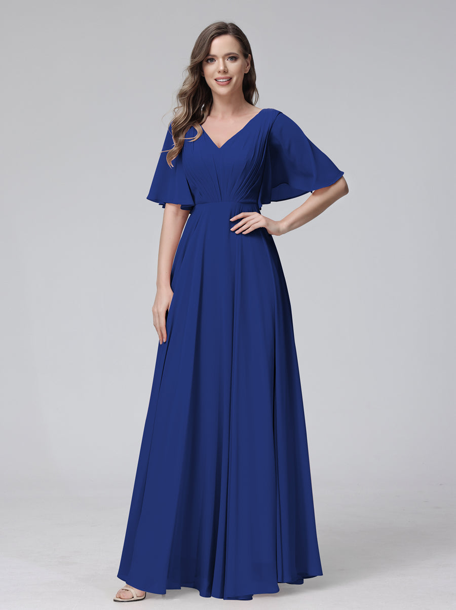 Vestidos de Dama de Honra Longos Em Chiffon com Decote Em V e Meia Manga e Bolsos com Babados