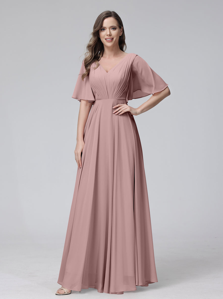 Vestidos de Dama de Honra Longos Em Chiffon com Decote Em V e Meia Manga e Bolsos com Babados