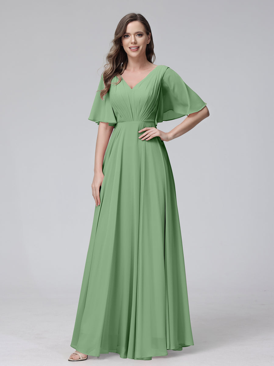 Vestidos de Dama de Honra Longos Em Chiffon com Decote Em V e Meia Manga e Bolsos com Babados