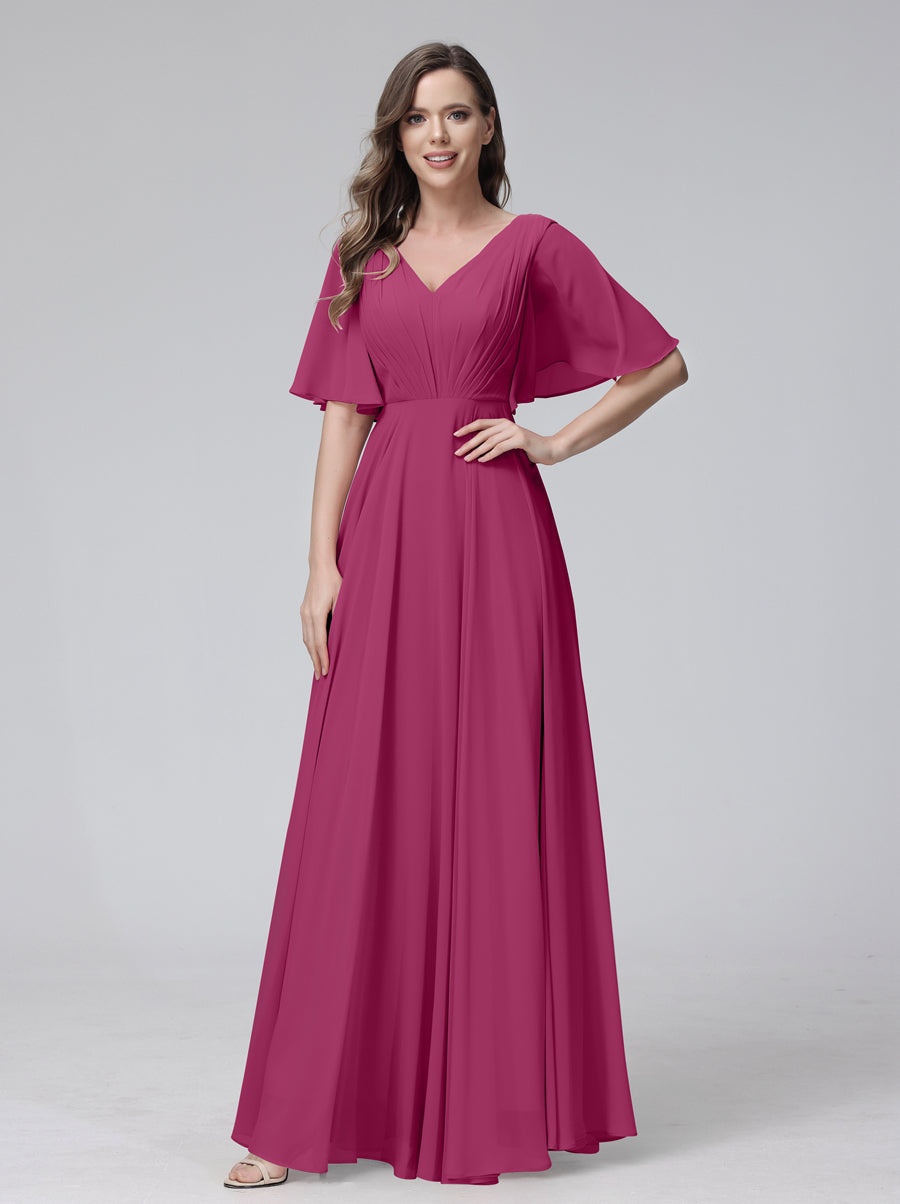 Vestidos de Dama de Honra Longos Em Chiffon com Decote Em V e Meia Manga e Bolsos com Babados