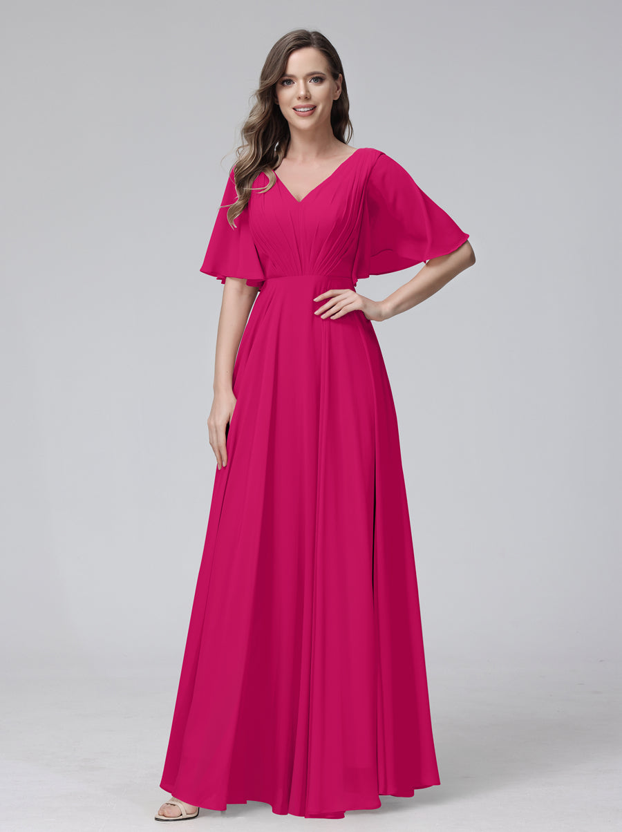 Vestidos de Dama de Honra Longos Em Chiffon com Decote Em V e Meia Manga e Bolsos com Babados