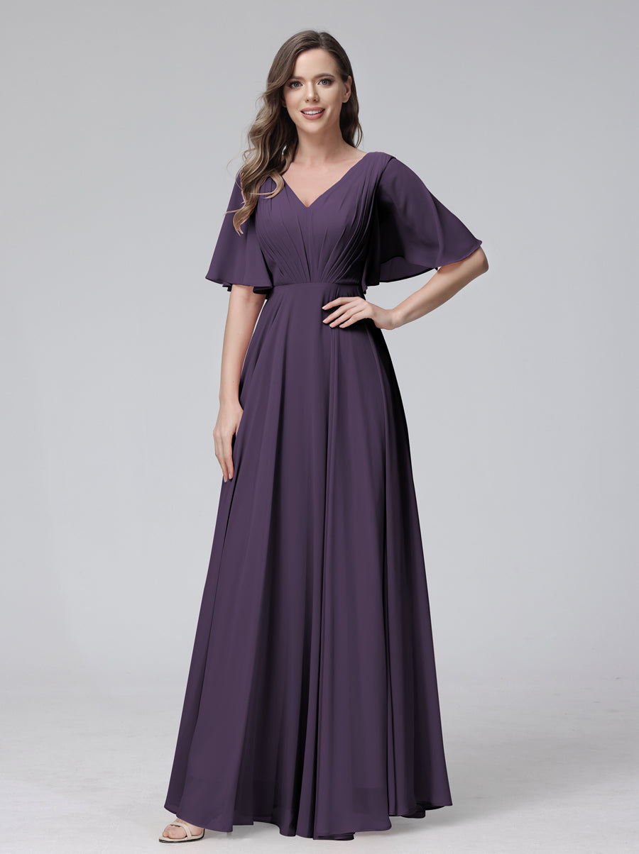 Vestidos de Dama de Honra Longos Em Chiffon com Decote Em V e Meia Manga e Bolsos com Babados