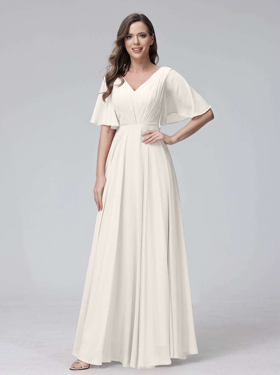 Vestidos de Dama de Honra Longos Em Chiffon com Decote Em V e Meia Manga e Bolsos com Babados