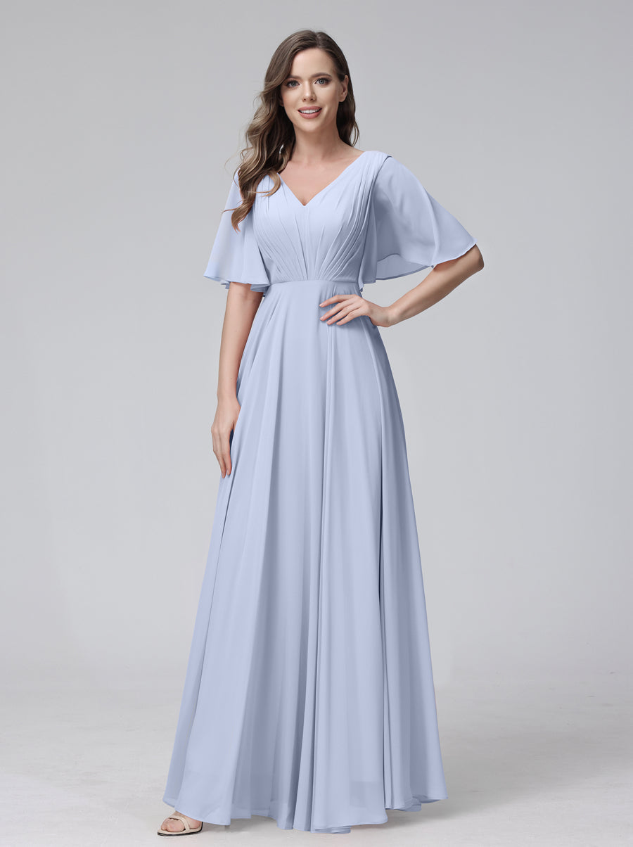 Vestidos de Dama de Honra Longos Em Chiffon com Decote Em V e Meia Manga e Bolsos com Babados