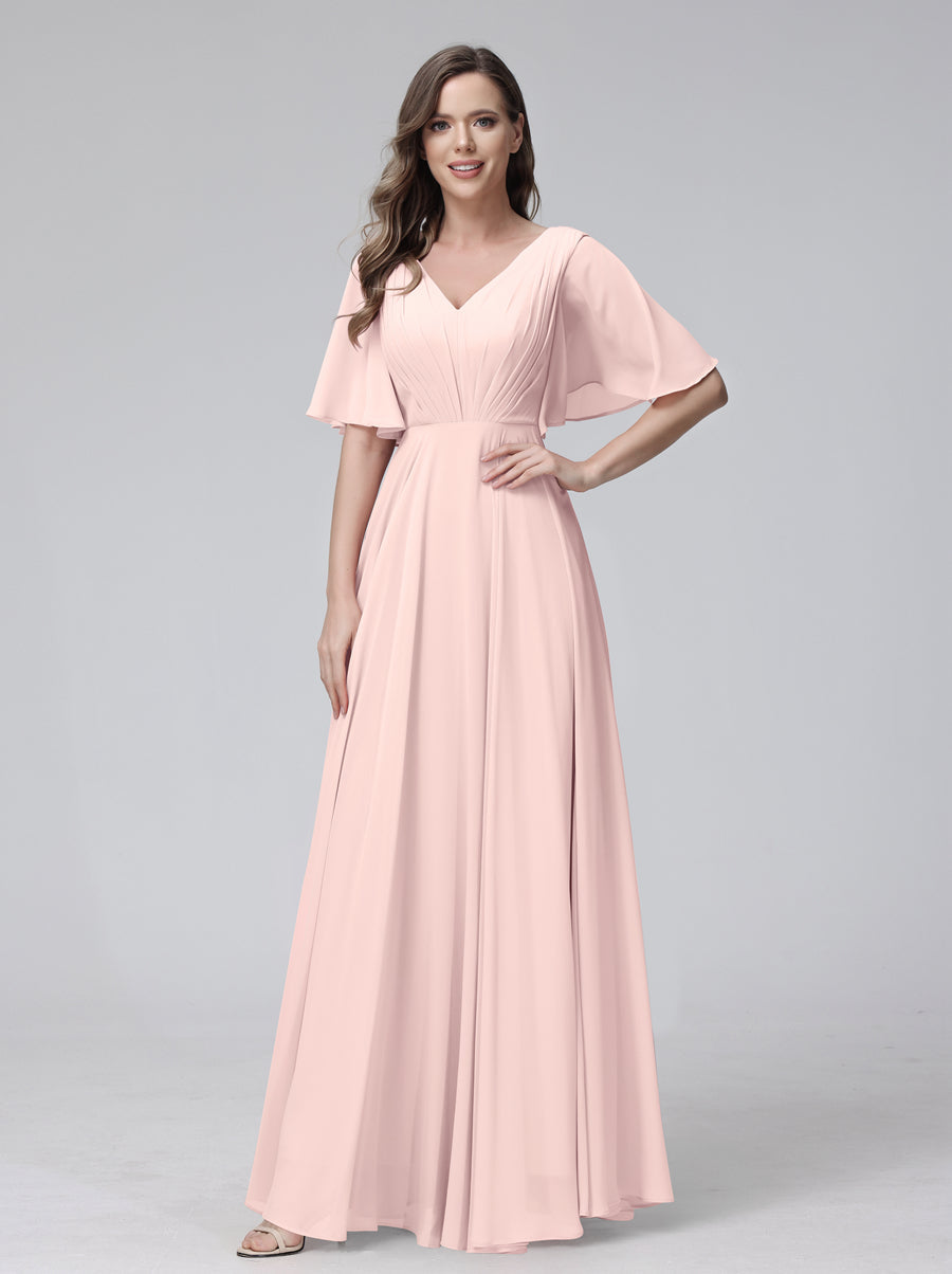 Vestidos de Dama de Honra Longos Em Chiffon com Decote Em V e Meia Manga e Bolsos com Babados