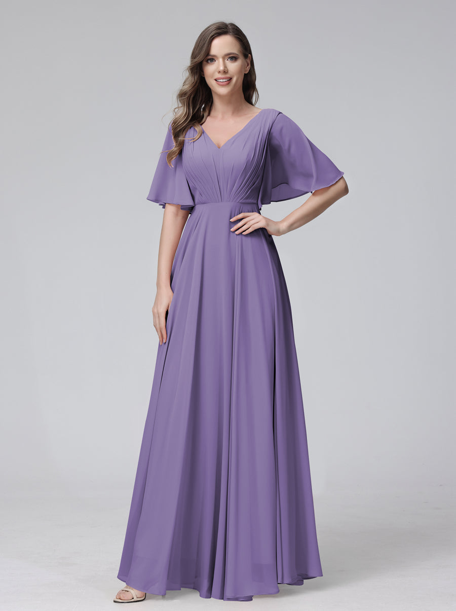 Vestidos de Dama de Honra Longos Em Chiffon com Decote Em V e Meia Manga e Bolsos com Babados