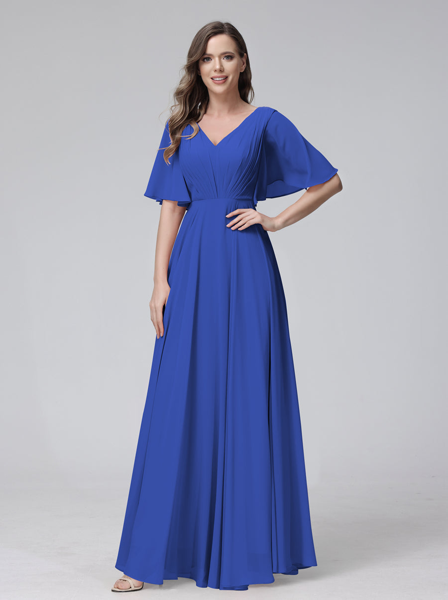 Vestidos de Dama de Honra Longos Em Chiffon com Decote Em V e Meia Manga e Bolsos com Babados