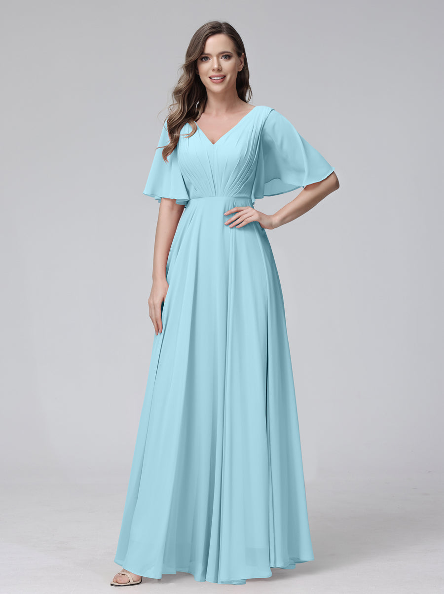 Vestidos de Dama de Honra Longos Em Chiffon com Decote Em V e Meia Manga e Bolsos com Babados