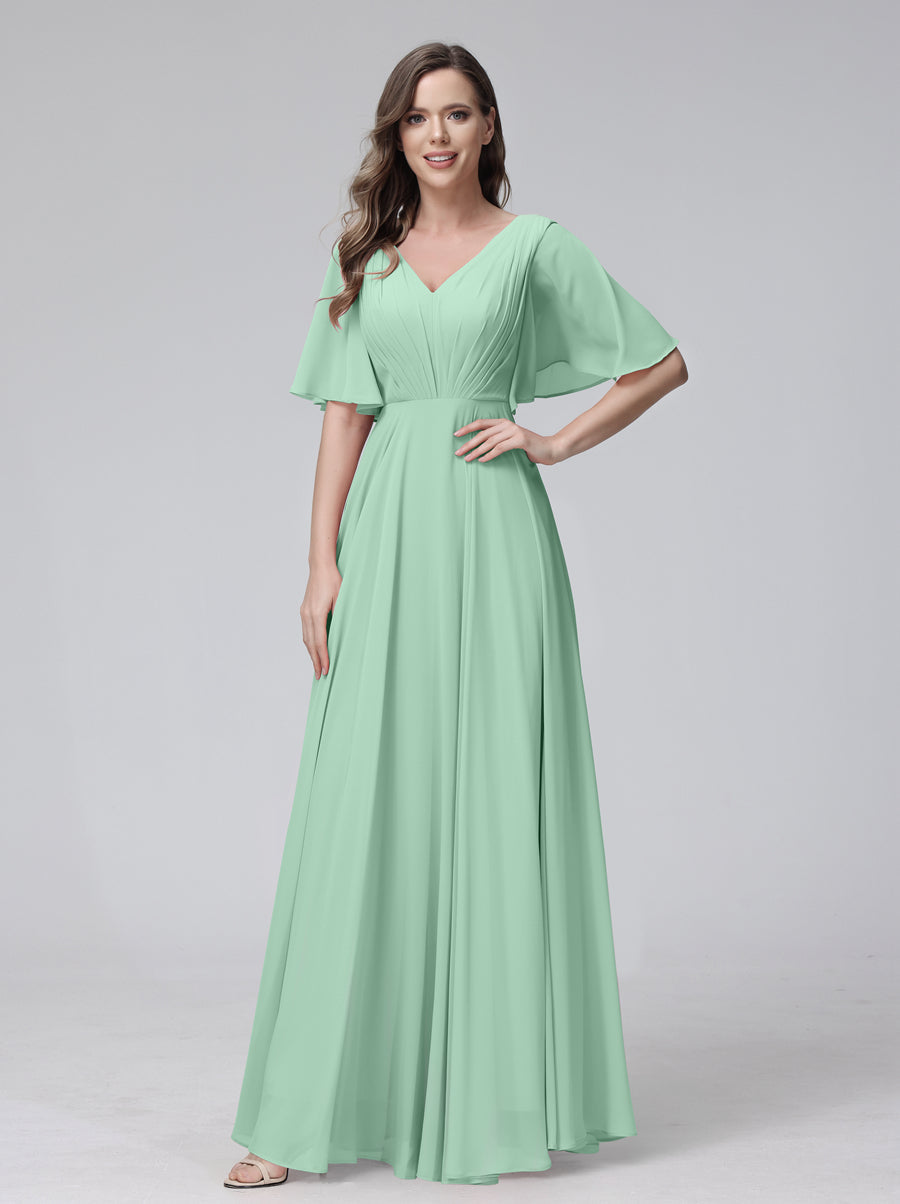 Vestidos de Dama de Honra Longos Em Chiffon com Decote Em V e Meia Manga e Bolsos com Babados