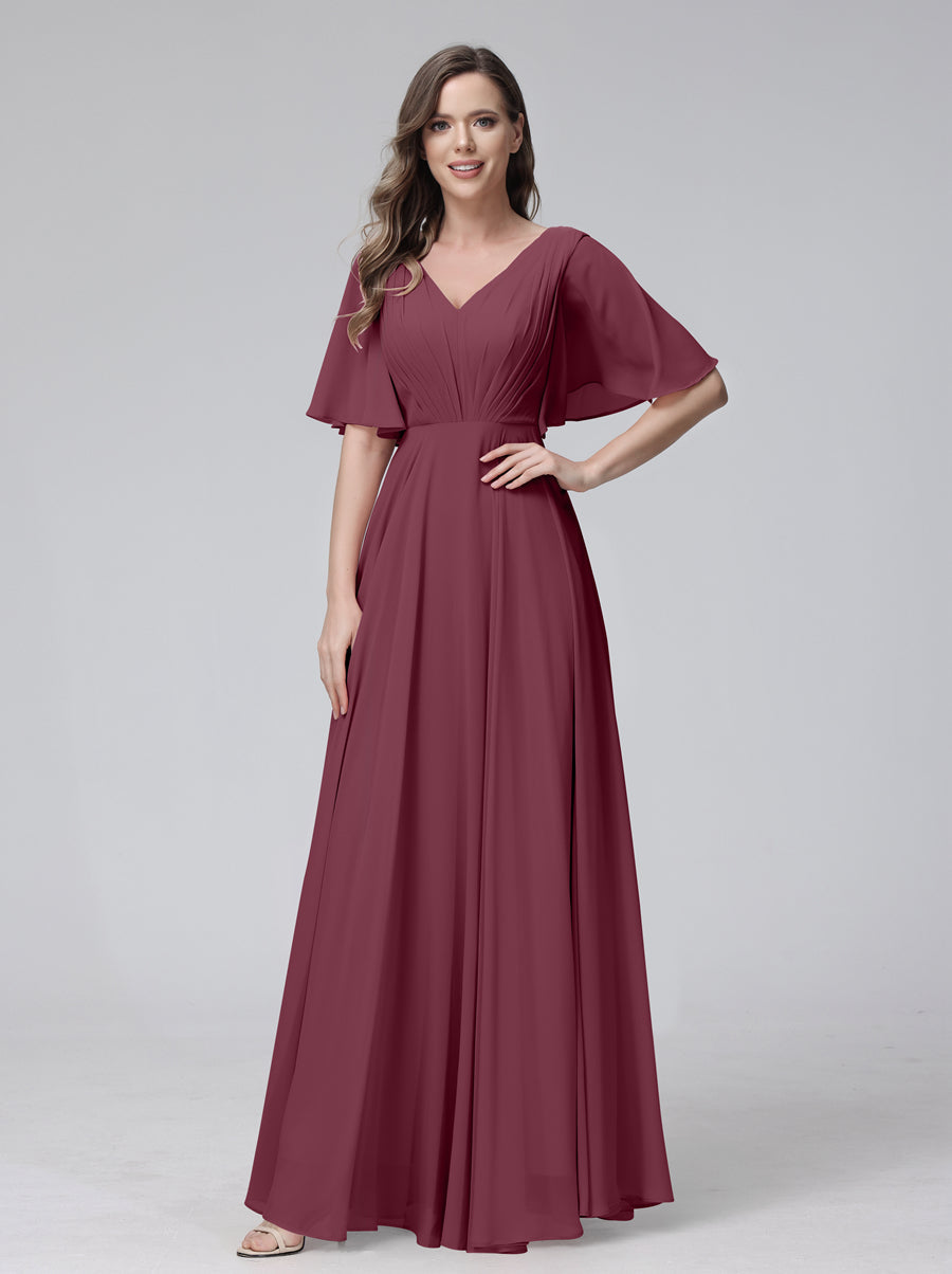 Vestidos de Dama de Honra Longos Em Chiffon com Decote Em V e Meia Manga e Bolsos com Babados