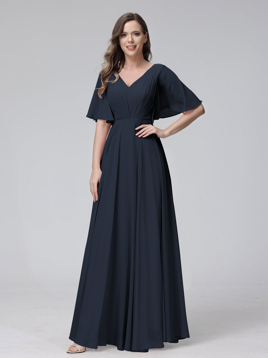 Vestidos de Dama de Honra Longos Em Chiffon com Decote Em V e Meia Manga e Bolsos com Babados