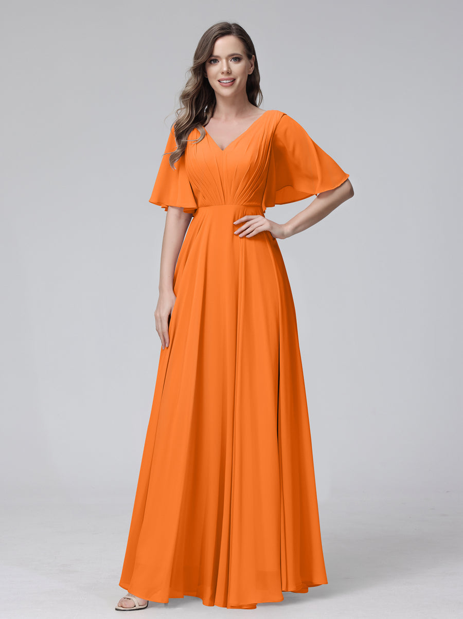Vestidos de Dama de Honra Longos Em Chiffon com Decote Em V e Meia Manga e Bolsos com Babados