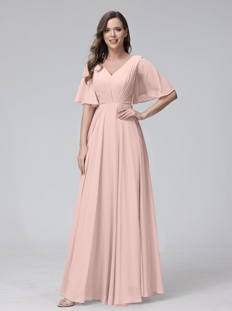 Vestidos de Dama de Honra Longos Em Chiffon com Decote Em V e Meia Manga e Bolsos com Babados