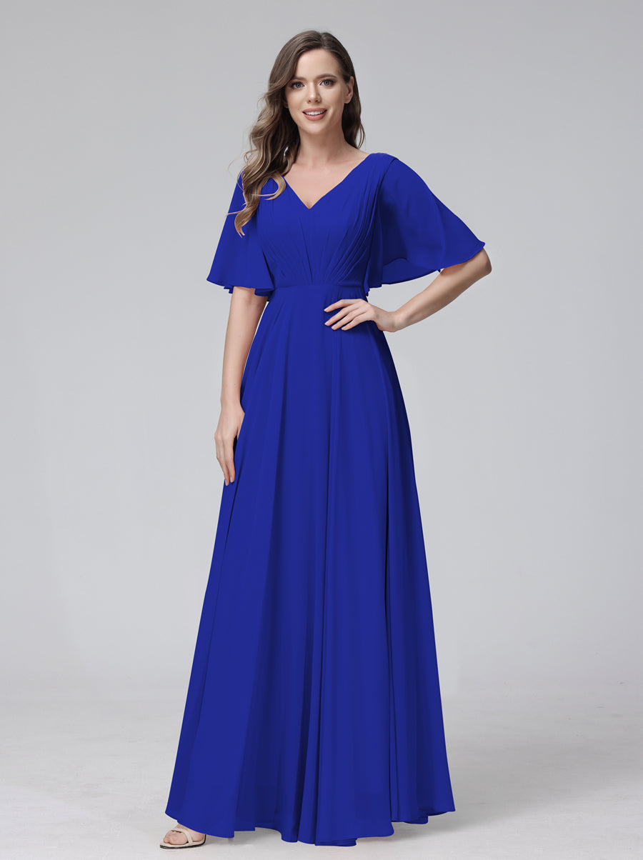 Vestidos de Dama de Honra Longos Em Chiffon com Decote Em V e Meia Manga e Bolsos com Babados