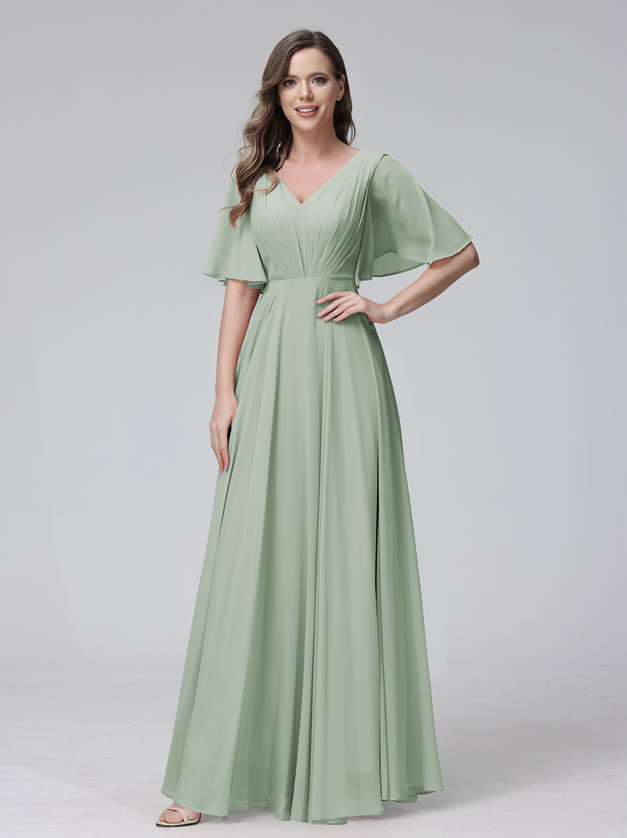 Vestidos de Dama de Honra Longos Em Chiffon com Decote Em V e Meia Manga e Bolsos com Babados