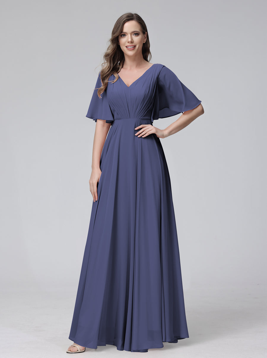 Vestidos de Dama de Honra Longos Em Chiffon com Decote Em V e Meia Manga e Bolsos com Babados