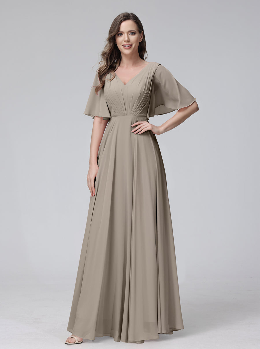 Vestidos de Dama de Honra Longos Em Chiffon com Decote Em V e Meia Manga e Bolsos com Babados
