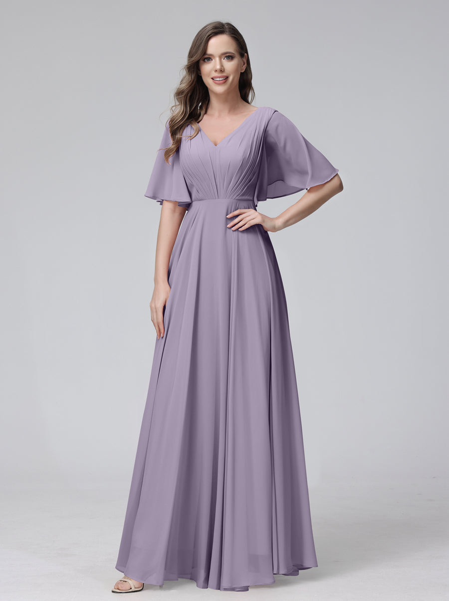 Vestidos de Dama de Honra Longos Em Chiffon com Decote Em V e Meia Manga e Bolsos com Babados