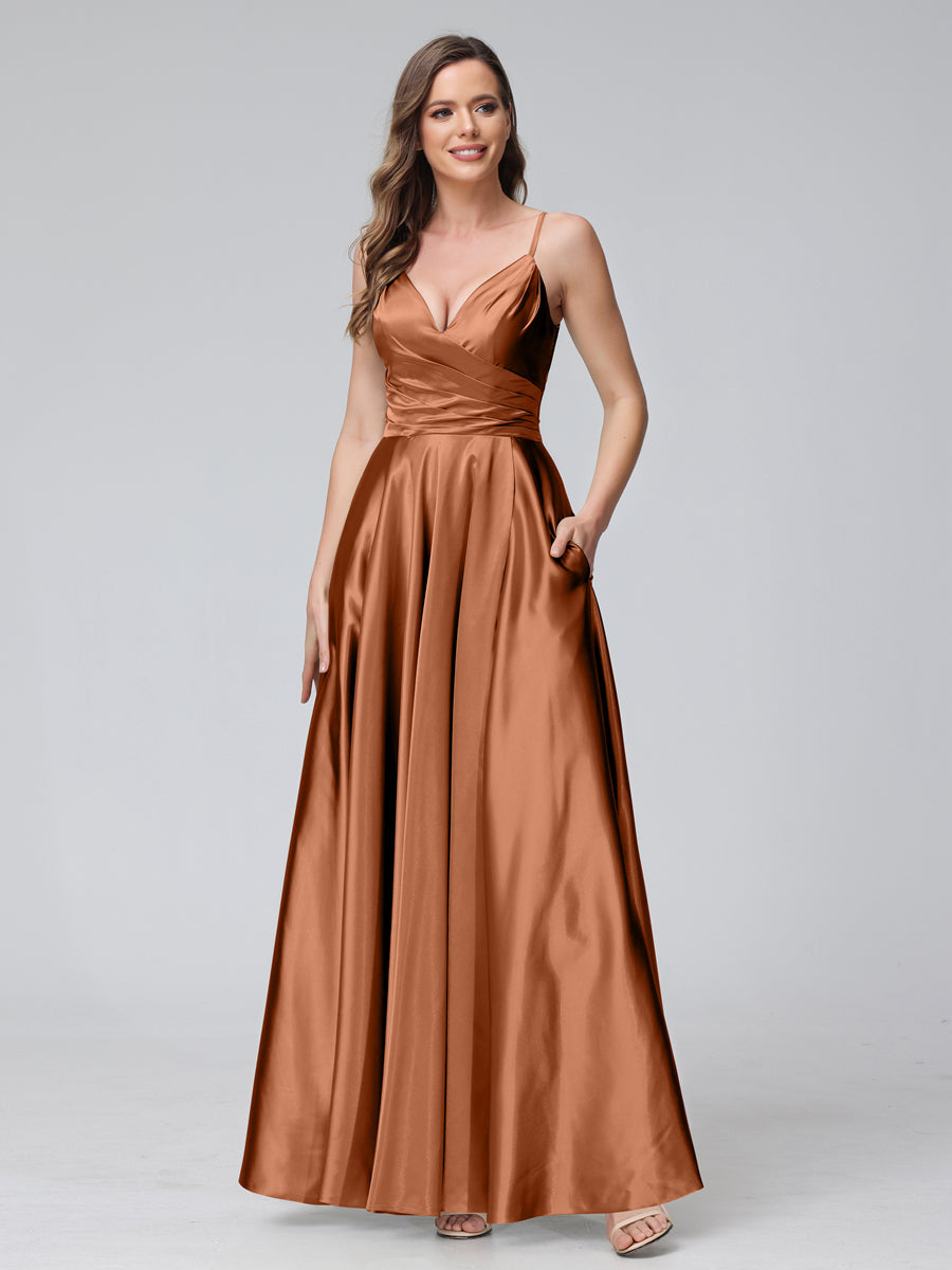 Vestidos de Dama de Honra Longos de Cetim de Seda Sem Mangas com Bolsos e Laterais Divididas