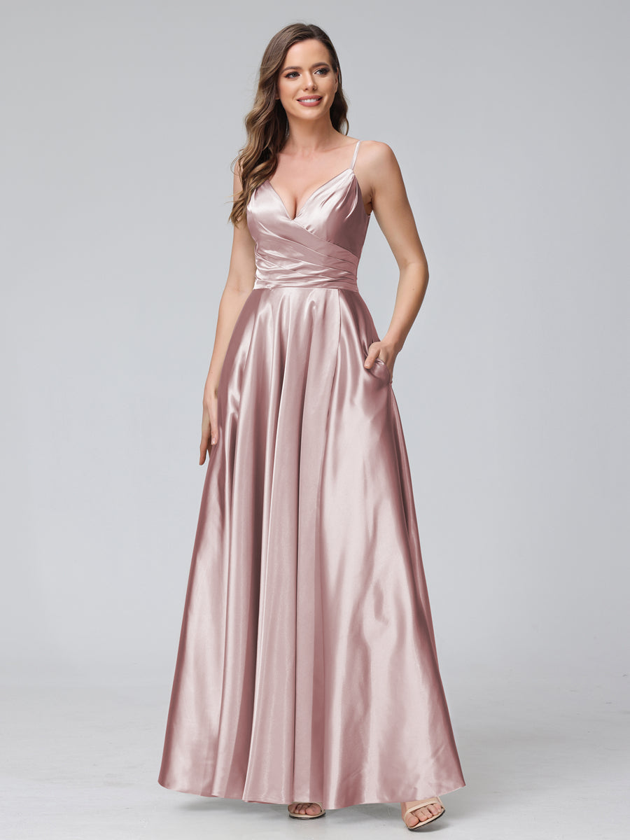Vestidos de Dama de Honra Longos de Cetim de Seda Sem Mangas com Bolsos e Laterais Divididas