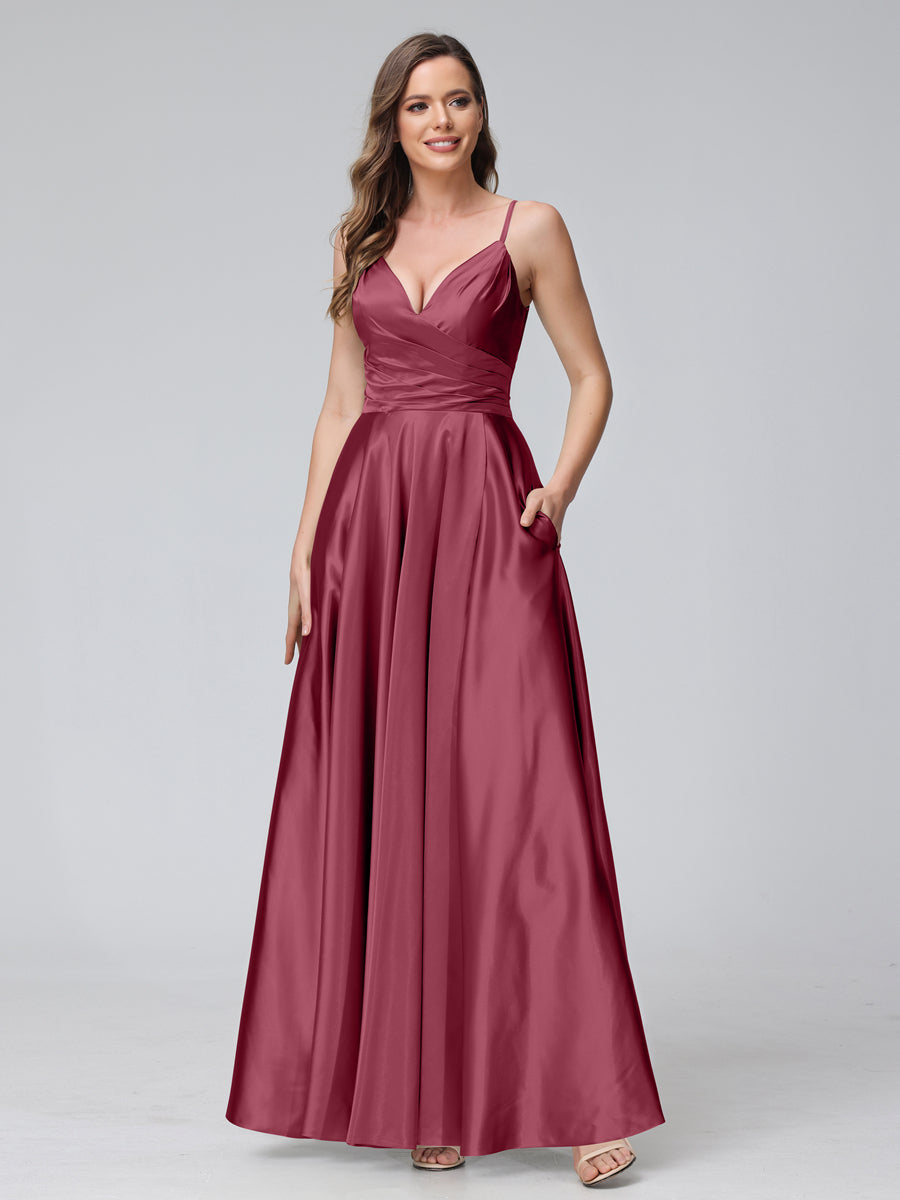 Vestidos de Dama de Honra Longos de Cetim de Seda Sem Mangas com Bolsos e Laterais Divididas