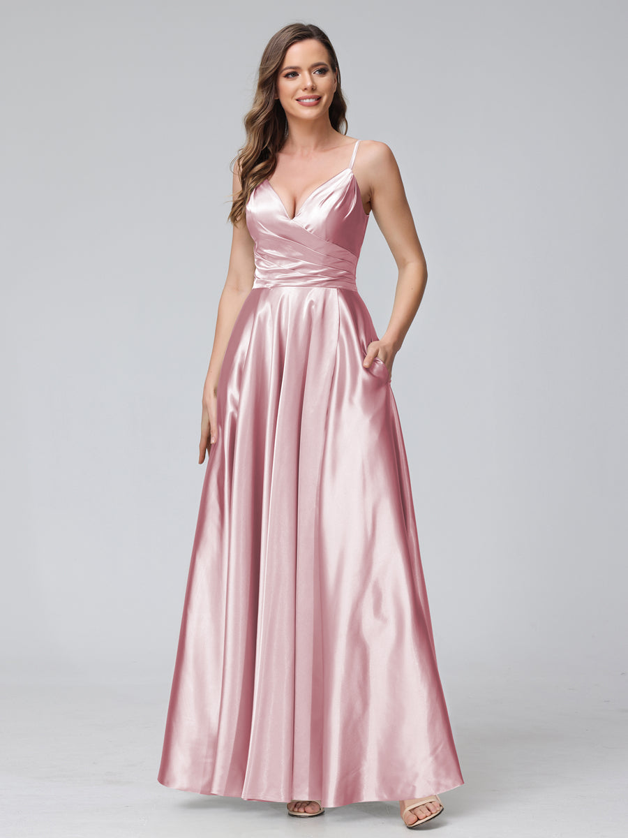 Vestidos de Dama de Honra Longos de Cetim de Seda Sem Mangas com Bolsos e Laterais Divididas