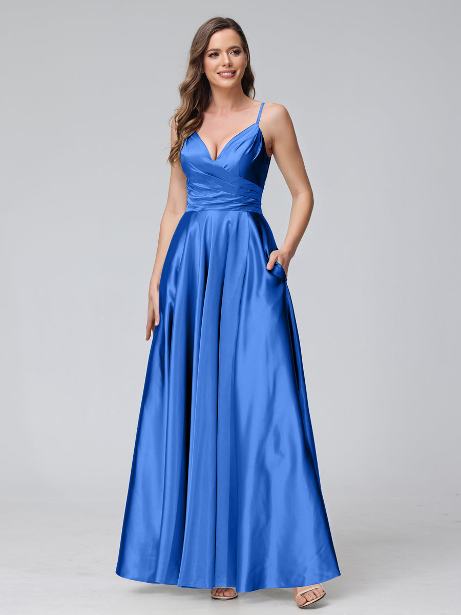 Vestidos de Dama de Honra Longos de Cetim de Seda Sem Mangas com Bolsos e Laterais Divididas