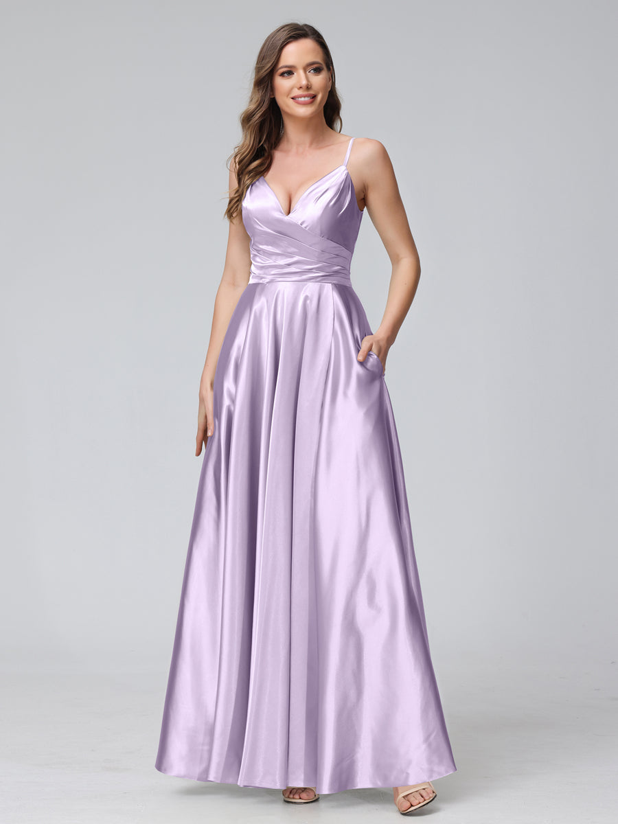 Vestidos de Dama de Honra Longos de Cetim de Seda Sem Mangas com Bolsos e Laterais Divididas