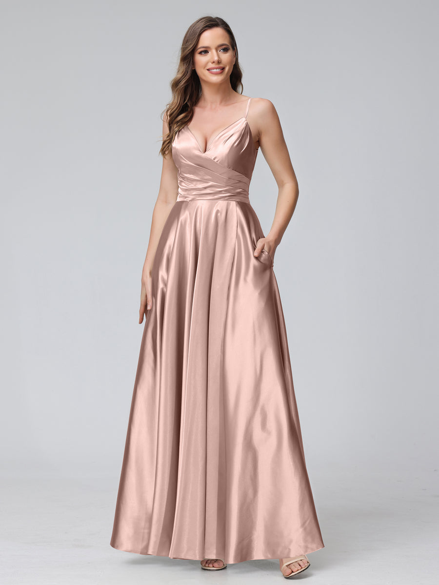 Vestidos de Dama de Honra Longos de Cetim de Seda Sem Mangas com Bolsos e Laterais Divididas
