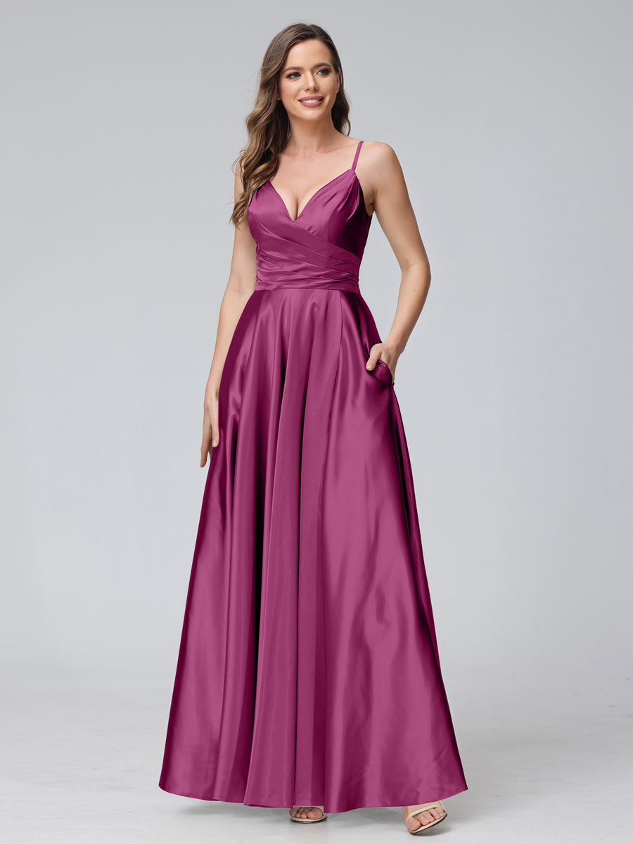 Vestidos de Dama de Honra Longos de Cetim de Seda Sem Mangas com Bolsos e Laterais Divididas