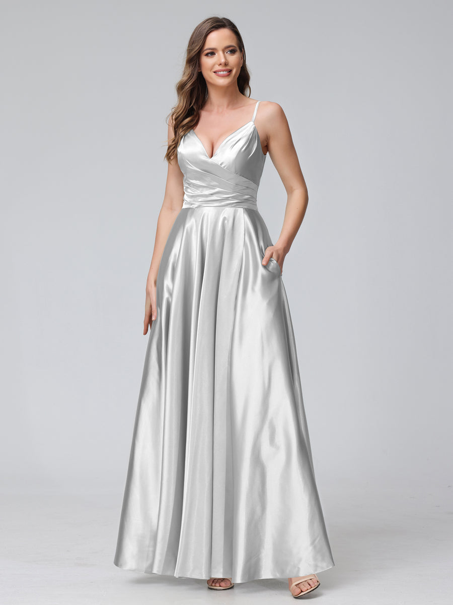 Vestidos de Dama de Honra Longos de Cetim de Seda Sem Mangas com Bolsos e Laterais Divididas